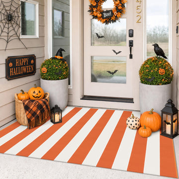 Fall Striped Outdoor Rug 3x5, Washable Porch, Orange White