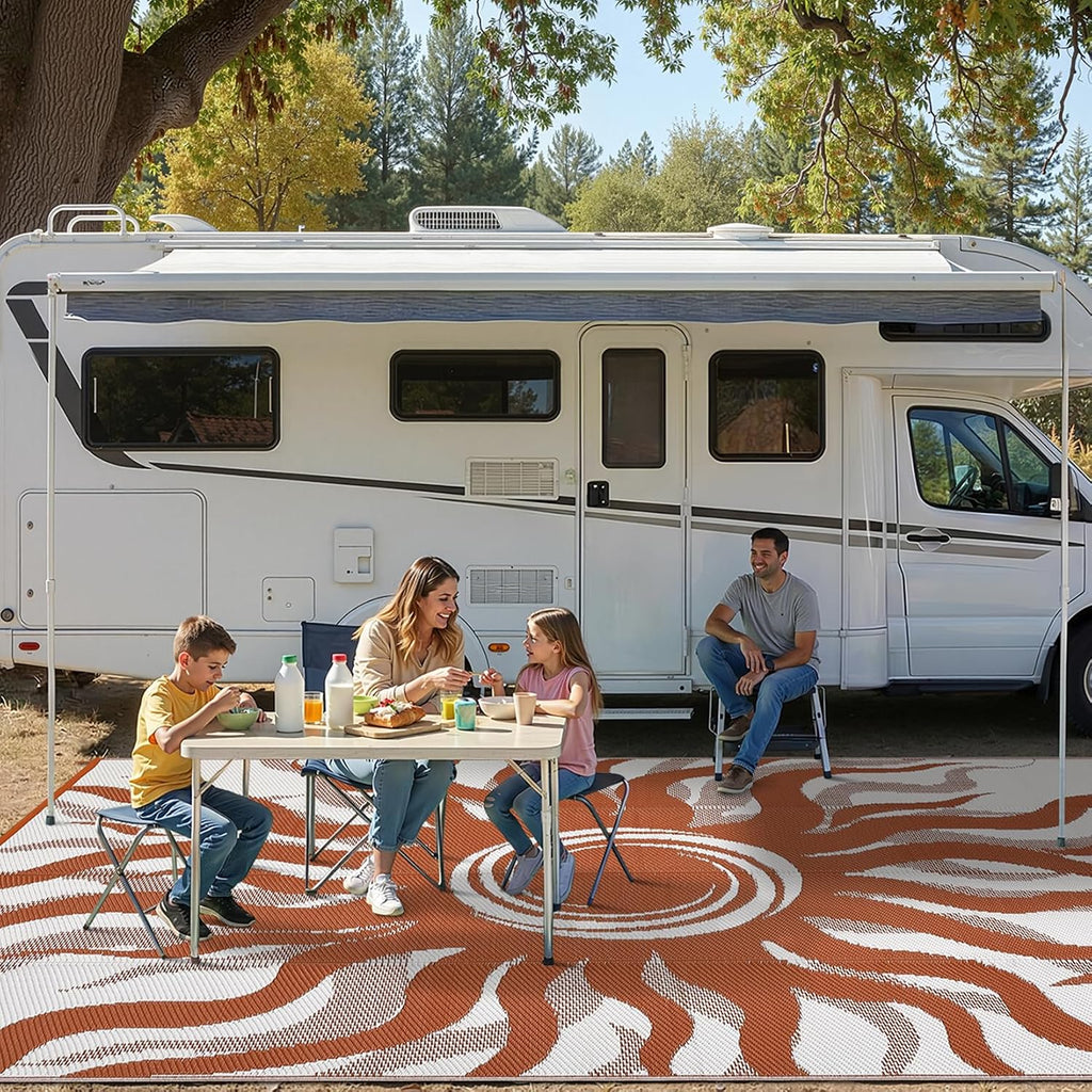 Outdoor Rug 9x12 Waterproof Patio Rugs with Boho Sun Pattern, Reversible Plastic Straw Camping Rugs Outdoor Indoor RV