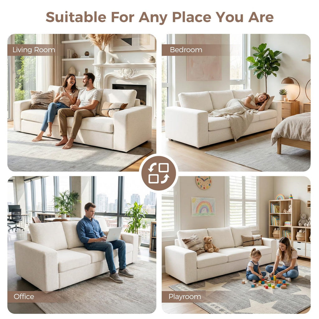 85" Modern Couches, Natural Linen 3 Seat Sofa, Comfy Deep Seat Sofa, Spring Cushions, Removable Cover, Solid Wood