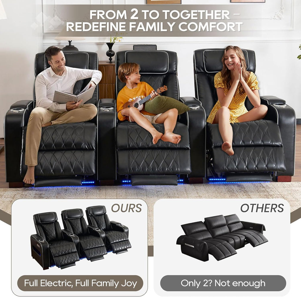Luxury Home Theater Seating - Power Recliner with Adjustable Headrests, Blue LED Ambient Lighting, Tray Table