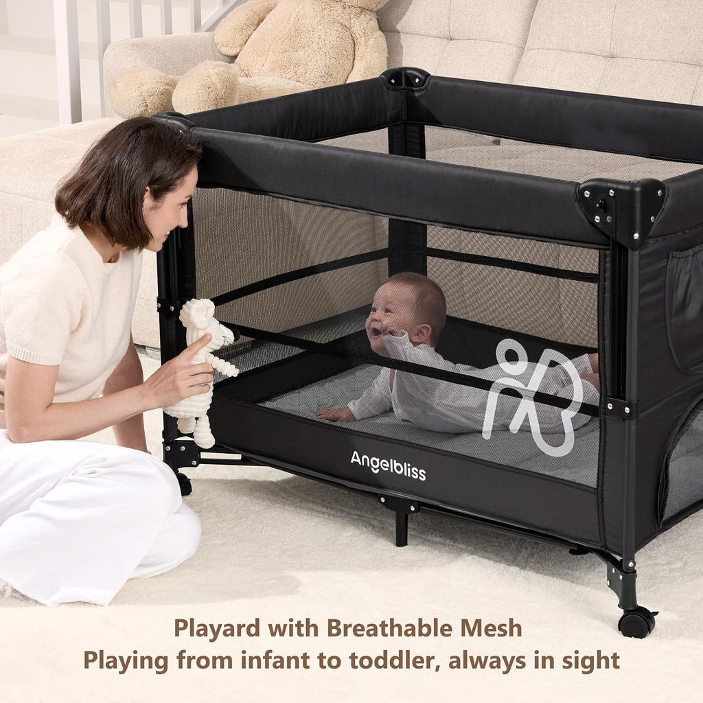 Pack and Play, Baby Bassinet Bedside Crib with Changer, Black | One-push setup, mattress, breathable mesh, adjustable