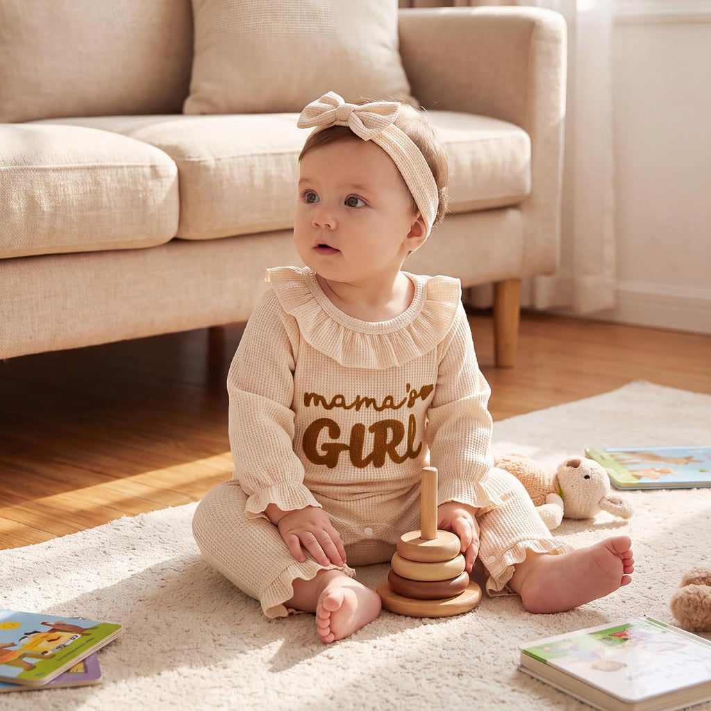 2 Piece Long Sleeve Ruffle Jumpsuit,Baby Girl Waffle Romper with Headband