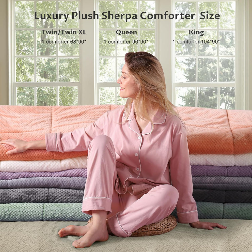 Super Ultra Soft Luxury Plush Sherpa Comforter, Cozy Reversible Faux Fur Machine Washable Bedding, Purple, Queen Size