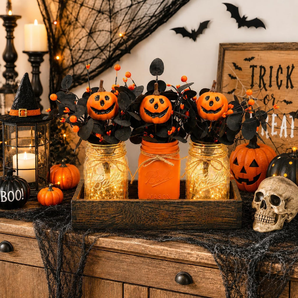 Lighted Halloween Table Centerpiece, Pumpkin Mason Jar Decorations - Set of 9
