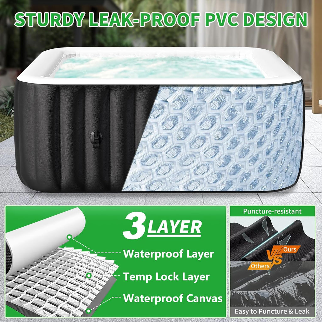 Inflatable Blow Up Hot Tub, 4-6 Person Square Portable Hot Tub, Leak-Proof PVC Outdoor Spa with 130 Strong Air Jets