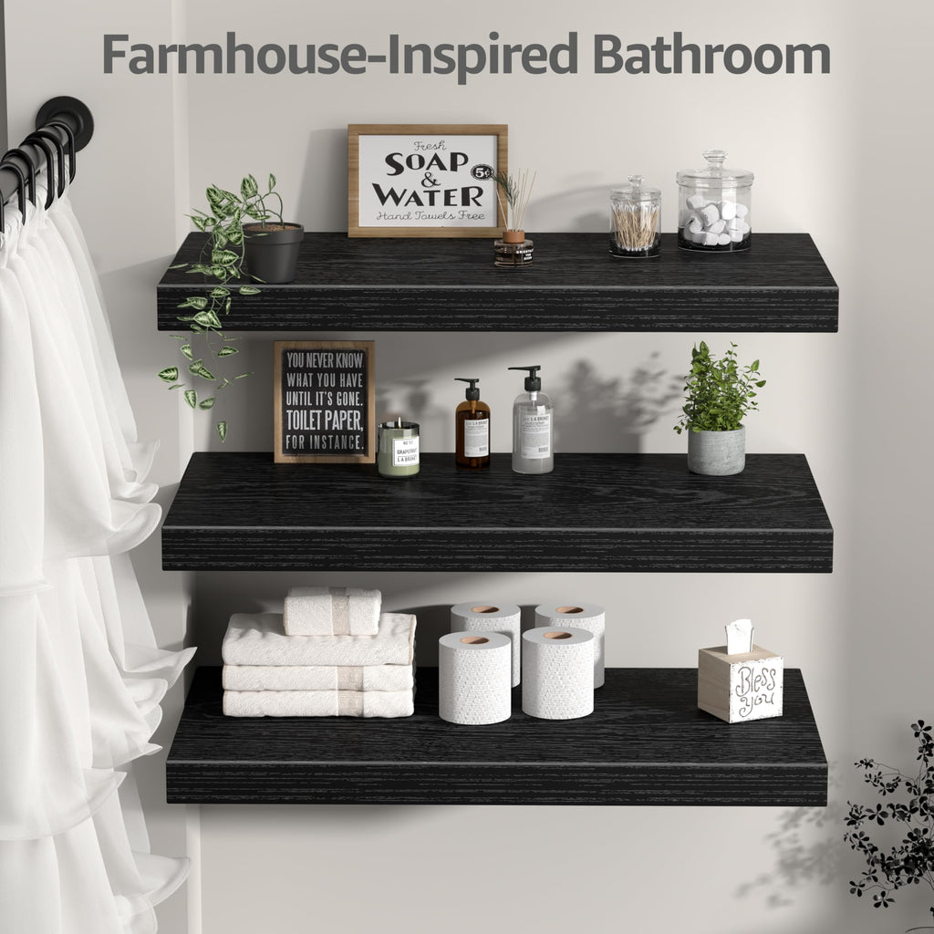 12" Deep Floating Shelves for Wall (Black, Set of 3, 23.6" x 12")