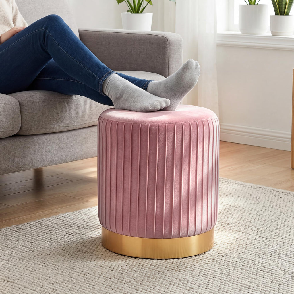 Round Velvet Ottoman, 16.5" H Footrest Stool (Pink, 1PC)