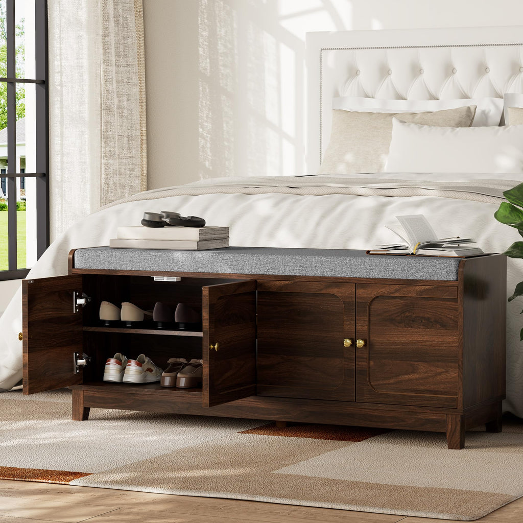 2-Tier Shoe Storage Bench w/4 Doors & Thickened Padded Seat Cushion, Walnut
