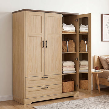 62" Wooden Armoire Wardrobe Closet with Mirror, Natural, 3 Doors