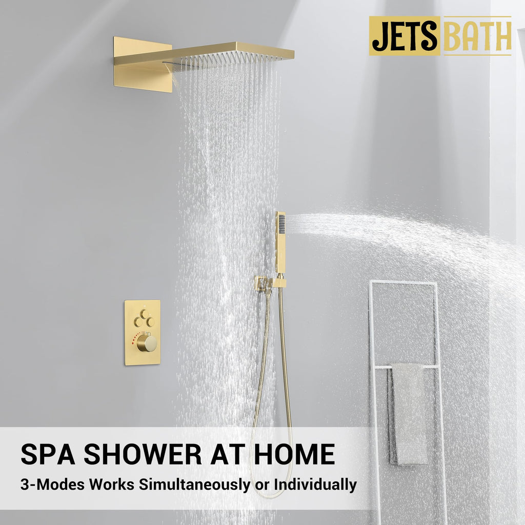 Thermostatic Shower System, Waterfall Shower Head(Brushed Gold)