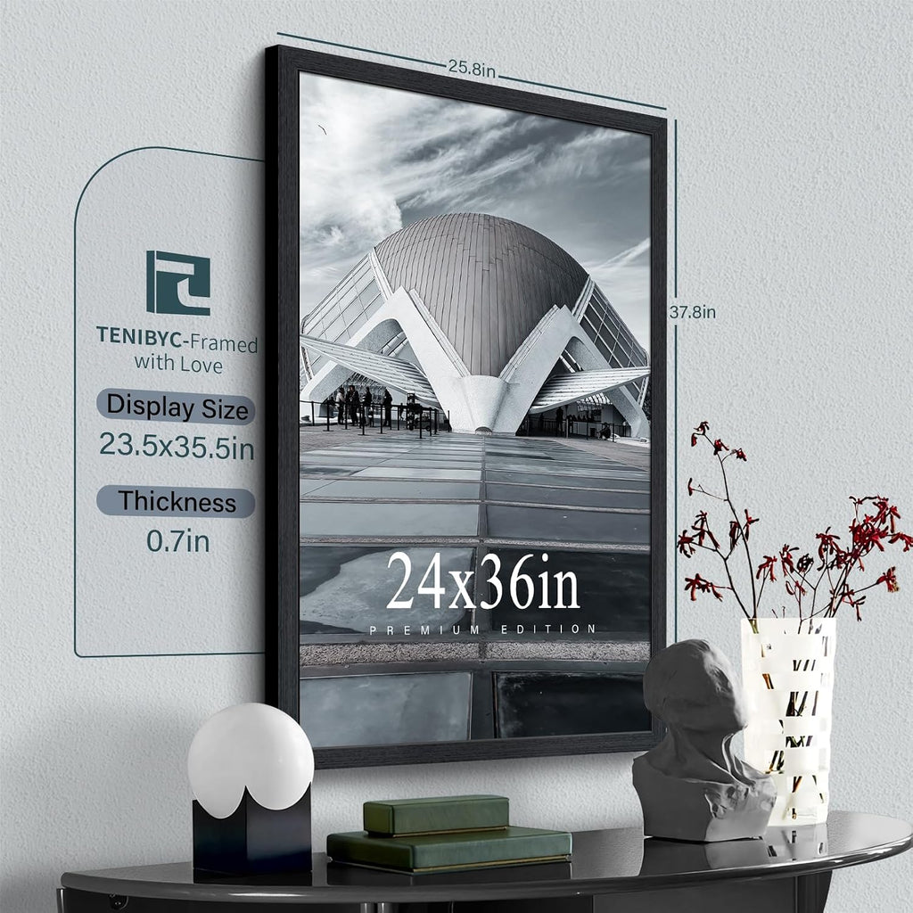 24x36 Poster Frame, Black Wood, 3 Pack, Wall Hanging for Picture - Set of 3