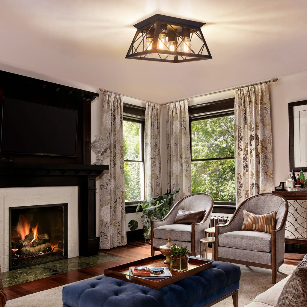 4-Light Black Flush Mount Ceiling Light Hallway, Industrial Close to Ceiling Lighting, Farmhouse Square Cage Lamp