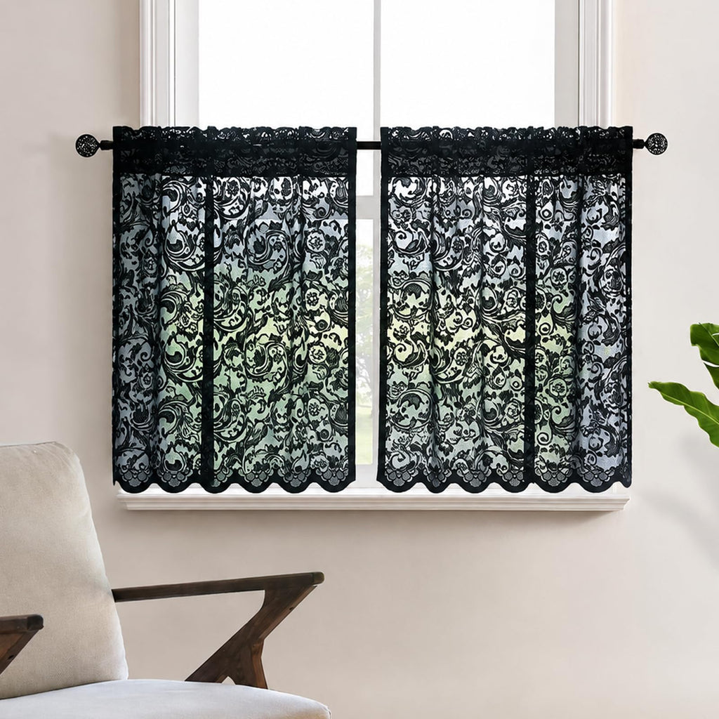 Lace Black Kitchen Curtains 36 inch Length Elegant Gothic Cafe Curtains Dark Sheer Short Tier Curtain Bedroom