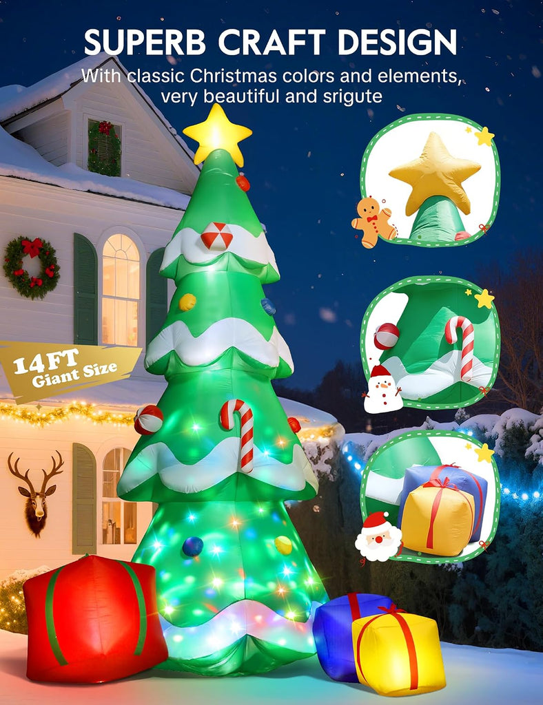 14FT Christmas Tree Inflatables Outdoor Decoration, Giant Inflatable Christmas Tree with 3 Gift Boxes, Lighted