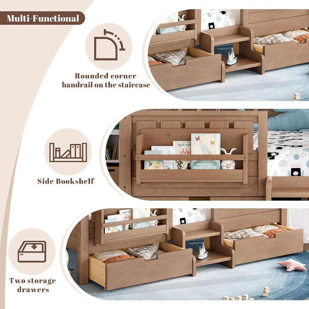 Full Floor Bed with Stairs, Rails and Slats, Full Size Montessori Floor Bed with Bookshelf and 2 Storage Drawers