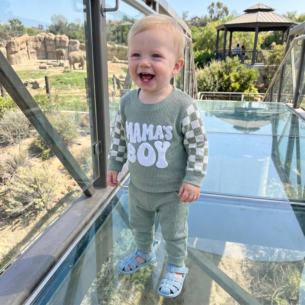 Toddler Baby Boy Fall Clothes Waffle Winter Outfits Letter Checkerboard Long Sleeve Sweatshirt and Pants 2 Pcs Sets