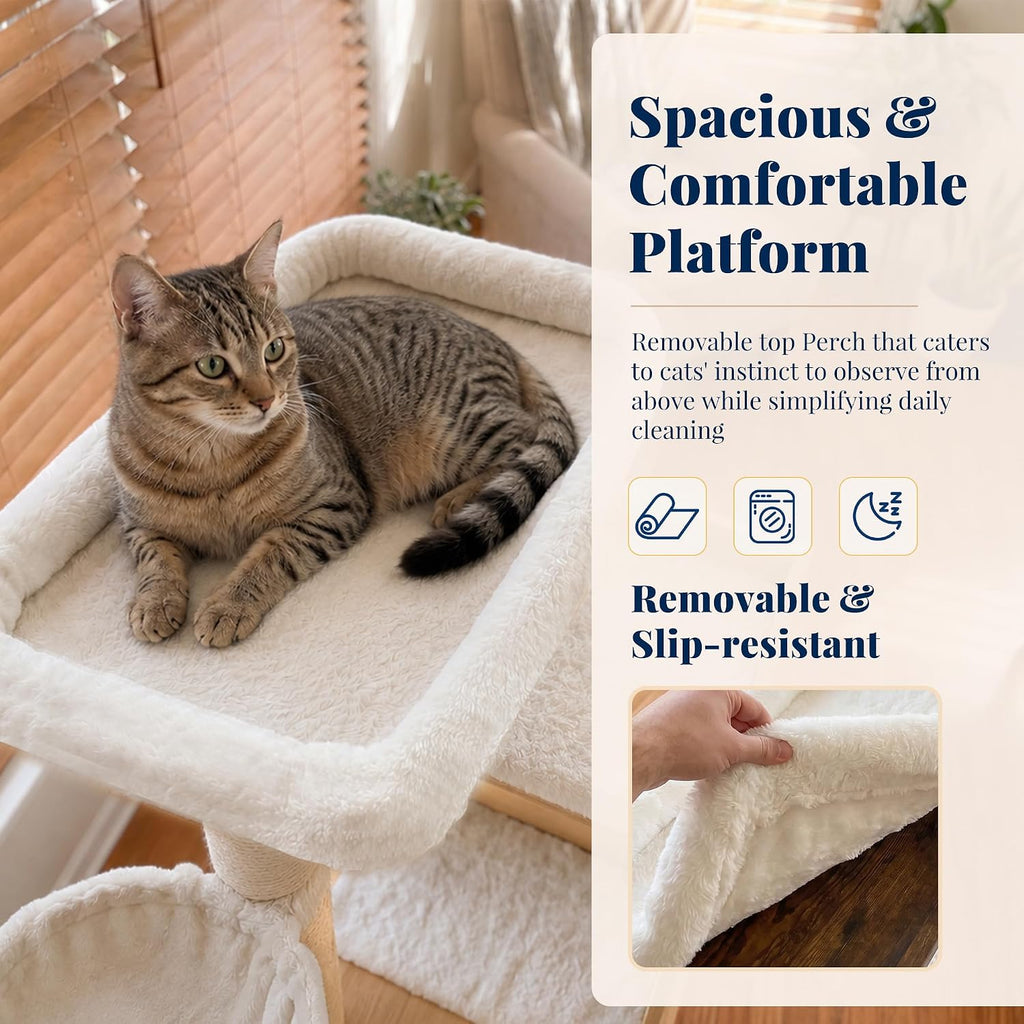 Wooden Cat Tree Tower with Rattan Condo, Big Platform