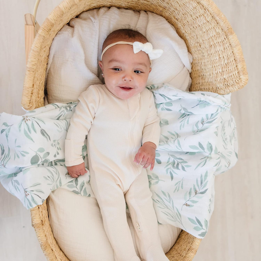 Organic Baby Muslin Swaddle Blankets for Boy or Girl - Eucalyptus Leaves and Sage Swaddling Blanket 2 Pack - Soft