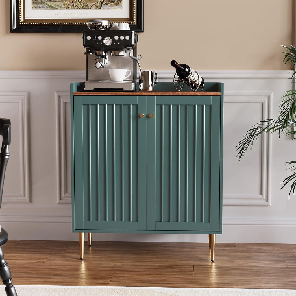 Modern 32 inch Wide Coffee Bar Cabinet with Wine Storage, Liquor Cabinet with Glass Holder & Grid Rack, Fluted