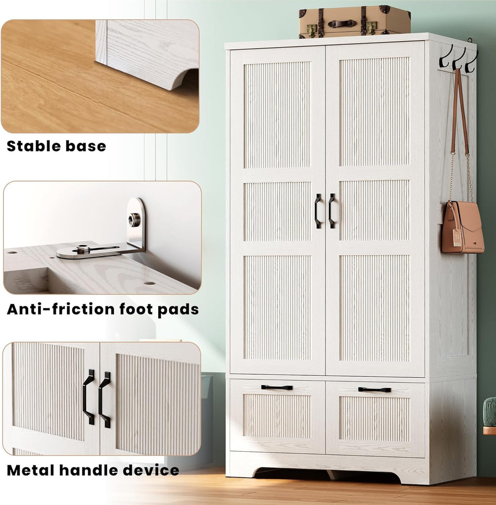 71" Wooden Armoire Wardrobe Closet with 2 Drawers & Hanging Rod | Freestanding Clothing Storage Cabinet with 2 Doors