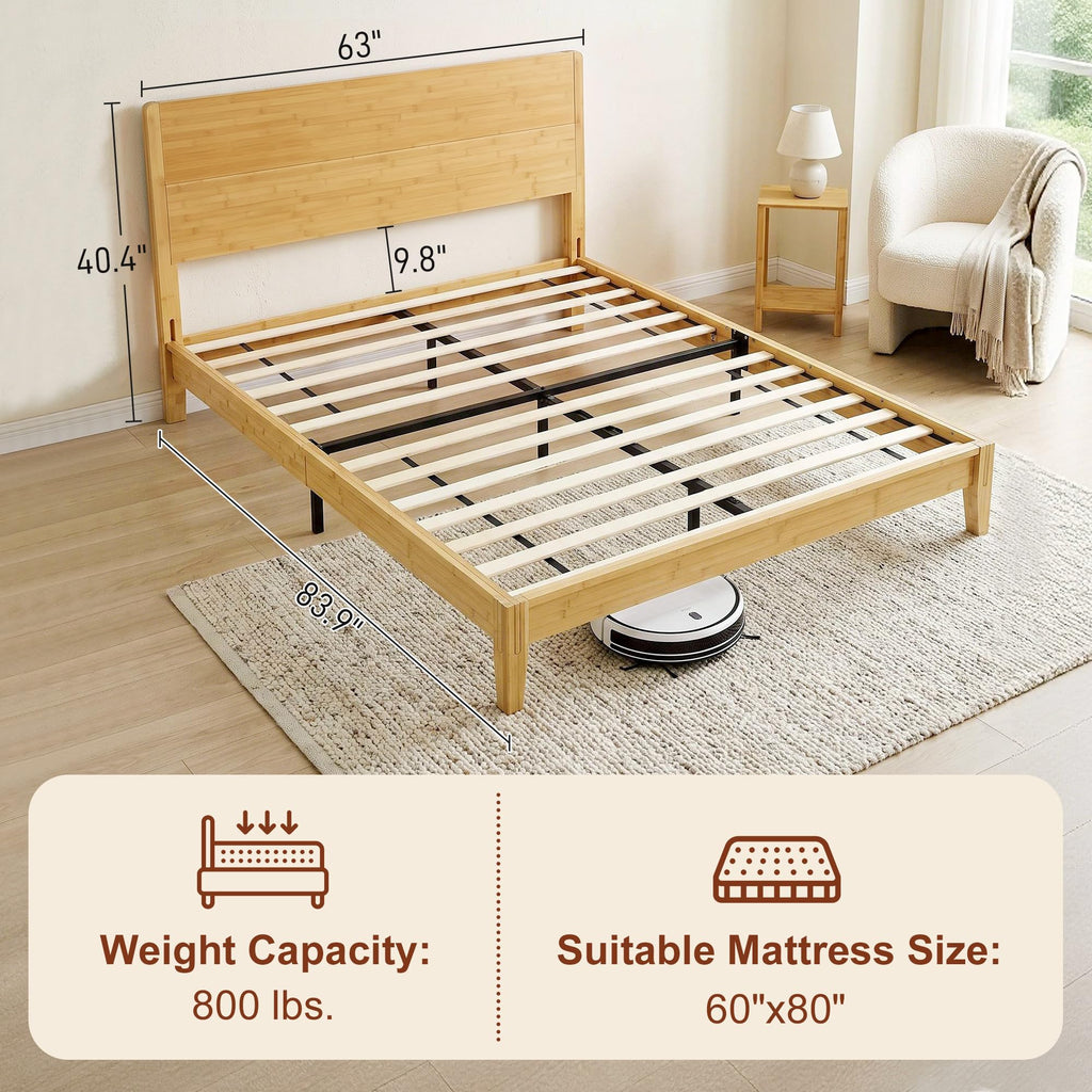Queen Size Bamboo Platform Bed Frame with High Headboard Natural