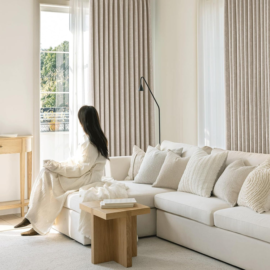 Beige Floral Jacquard Blackout Curtains 84 Inches Long 2 Panels for Living Room Bedroom Chenille Flower Room