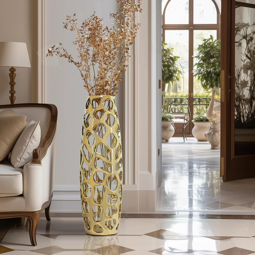Large Modern Ceramic Floor Vase 24'' H Gold | Handmade Flower Holder Hand Carved Sophisticated Vessel for Decorative