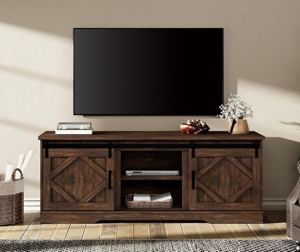 25.6"H Farmhouse TV Stand for 75" TV with Barn Doors& Hidden Storage | 66.1" W Rustic Country-Style TV Cabinet with