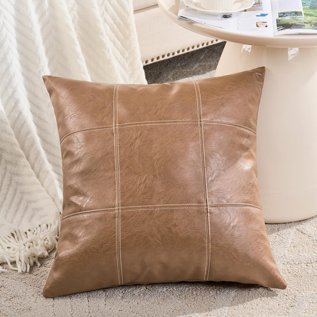 2 Packs Light Brown Plaid Faux Leather Decorative Throw Pillow Covers 18x18 Inch for Couch Bed Sofa, Rustic Modern