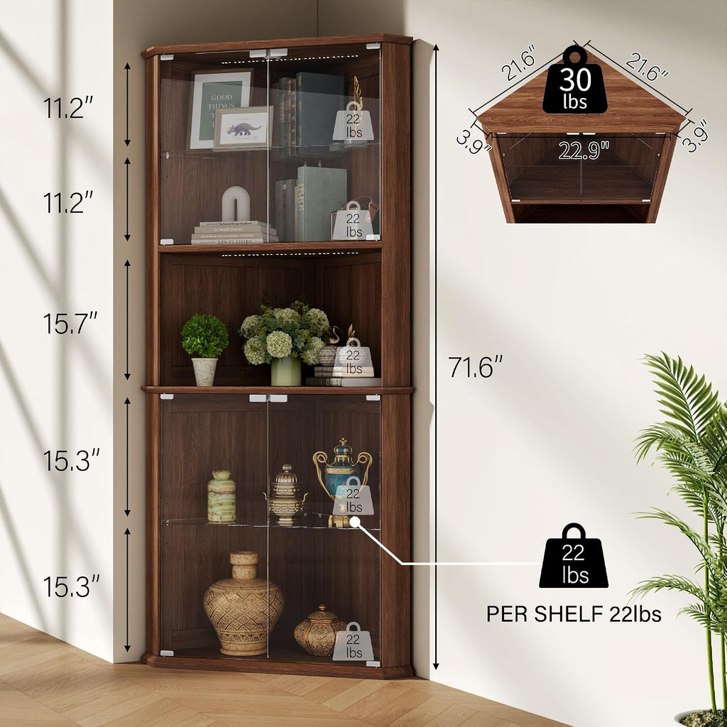 72" Corner Curio Cabinet with RGB LED Lights, 6-Tier Glass Display Cabinet with Adjustable Shelves, Lighted Corner