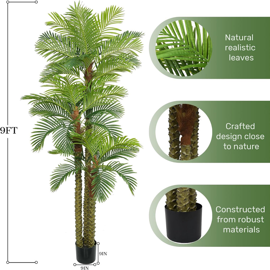 Palm Tree 9FT Tall Large Faux Trees with Realistic Leaves, Fake Floor Potted Artificial Plants Living Room Decor