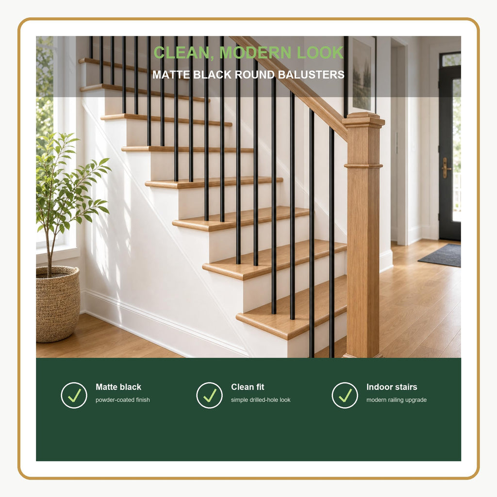 44 in Staircase Balusters, 5/8 in OD Round Black Stair Spindles, 50 Pack