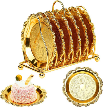 Round Decorative Drink Coasters, Gold Coaster Set with Holder Stand - Set of 6