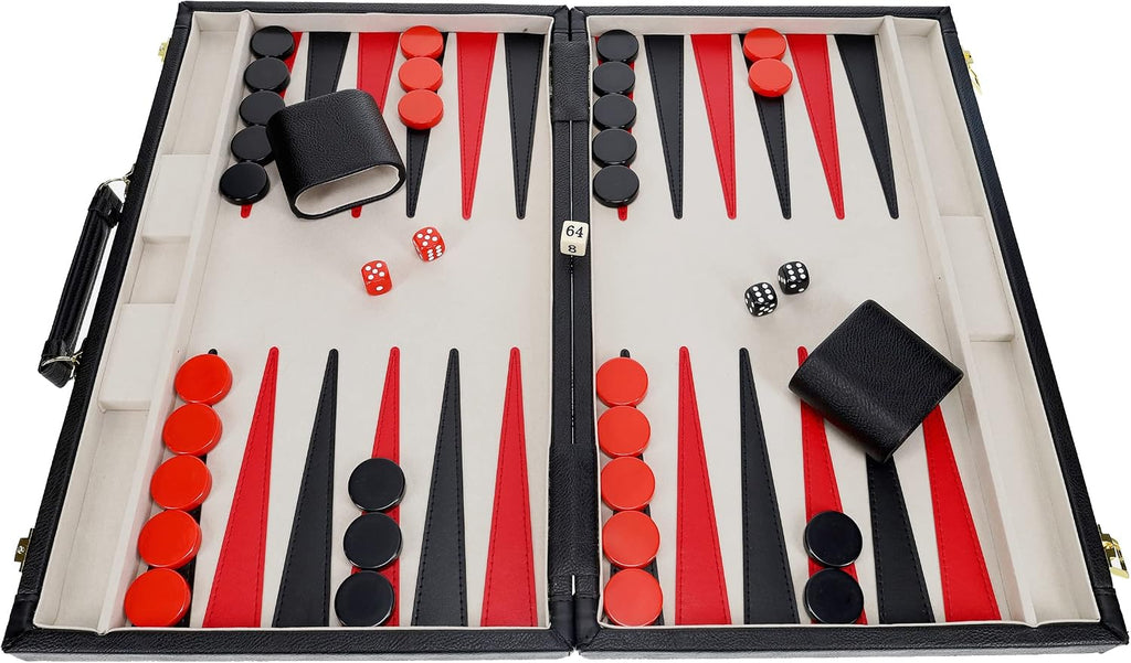 Backgammon Set, Elegant Black Leatherette Case, 21 x 12.5 in. Closed; 25 x 21 in. Open, Family and Adult Board Games