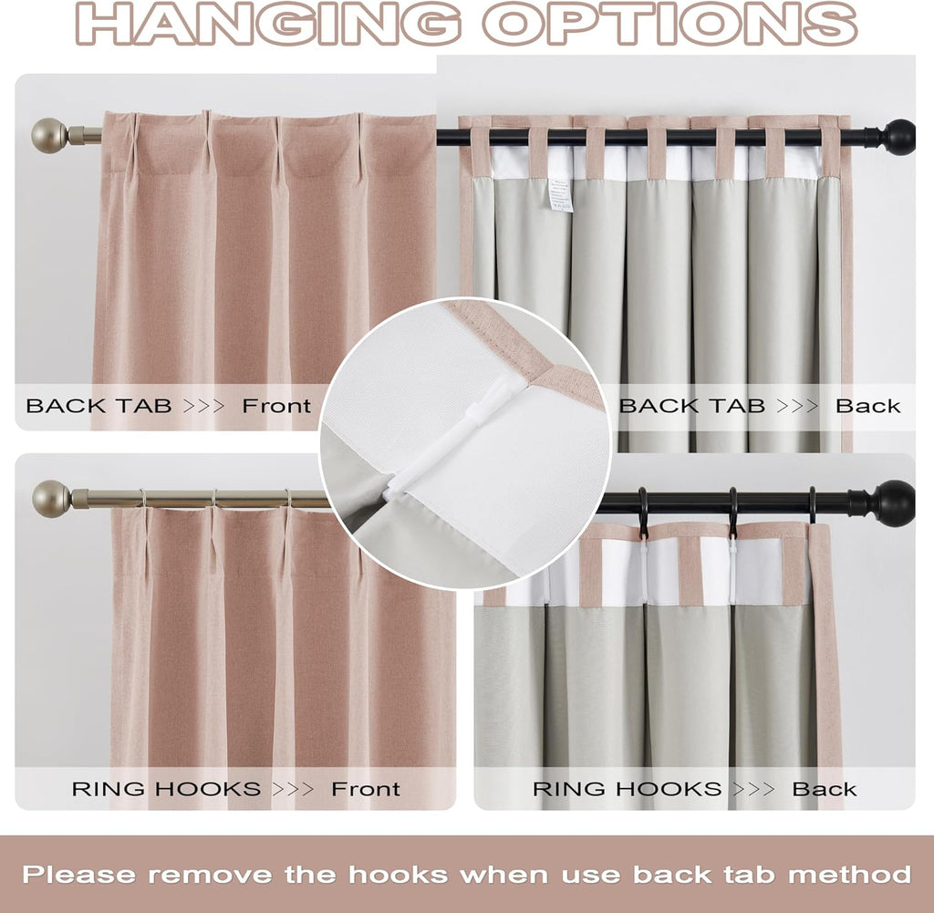 Cute Dusty Pink Blackout Linen Curtains 92 Inches Long - Rose Blush Pinch Pleat Track Curtains Blackout with Hooks