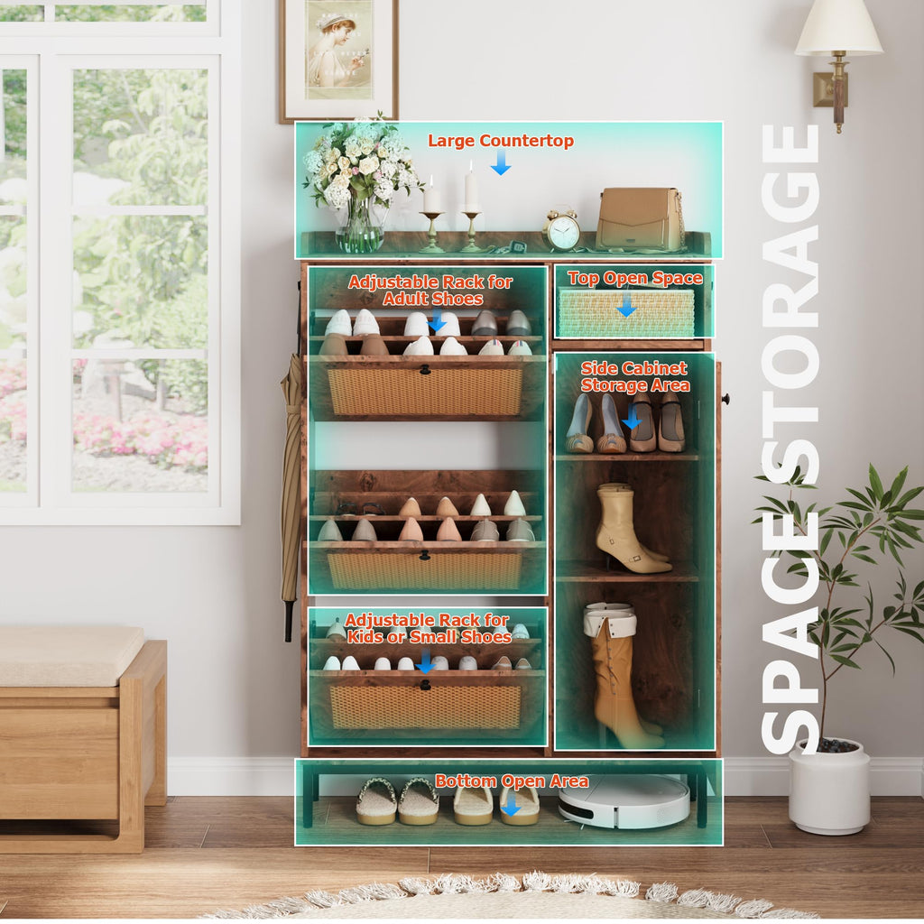 Shoe Cabinet Rattan with 3 Flip Drawers