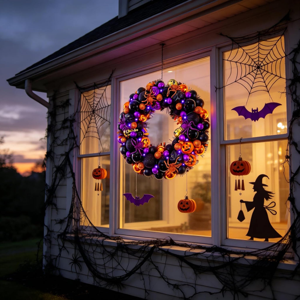 17 Inch Halloween Ball Wreath for Front Door with Lights | Lighted Cute Treat-or-Trick Door Wreath Ball Ornament for