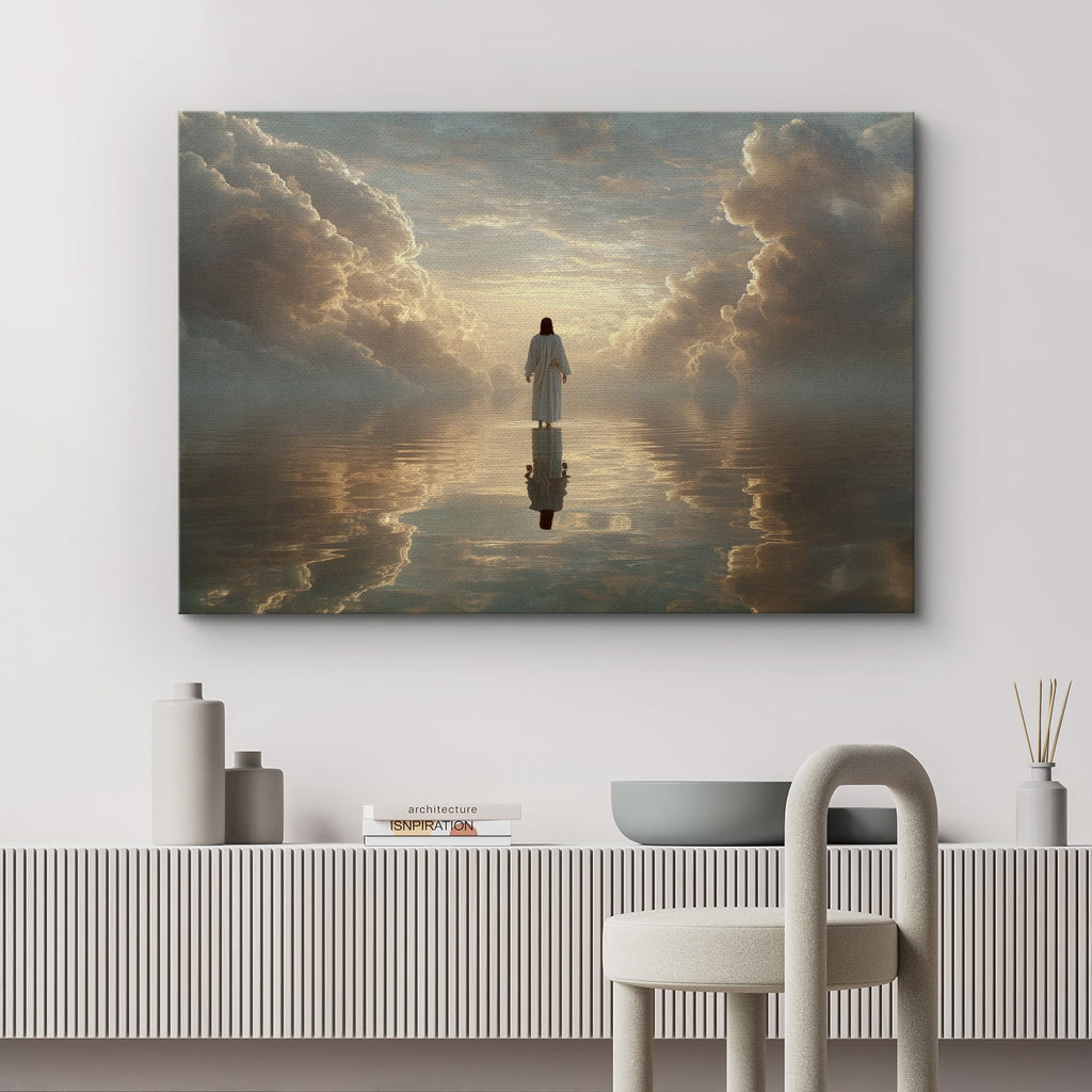 Canvas Print Wall Art Heavenly Light Spiritual Figure Walking on Water Clouds Illustrations Fine Art Traditional