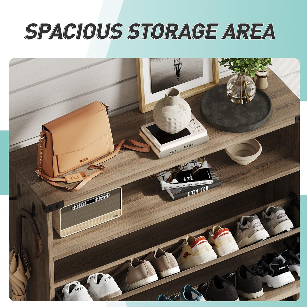 Shoe Storage Cabinet with 2 Flip Drawers, Freestanding Narrow Shoe Organizer with Open Storage, Hidden Slim Shoe Rack