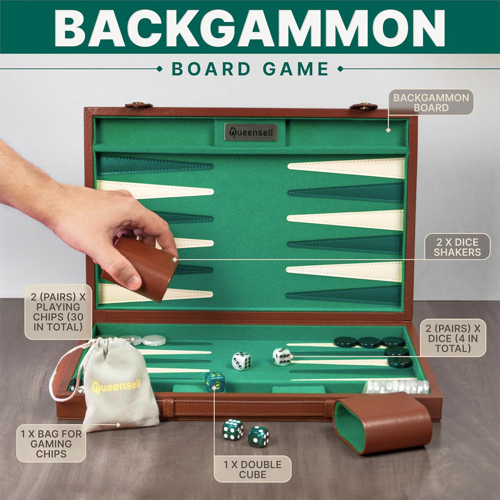 Backgammon Sets for Adults 15 Inch - Premium Faux Suede Leather Backgammon Board Game Set with 32 Chips, Dice Cups &