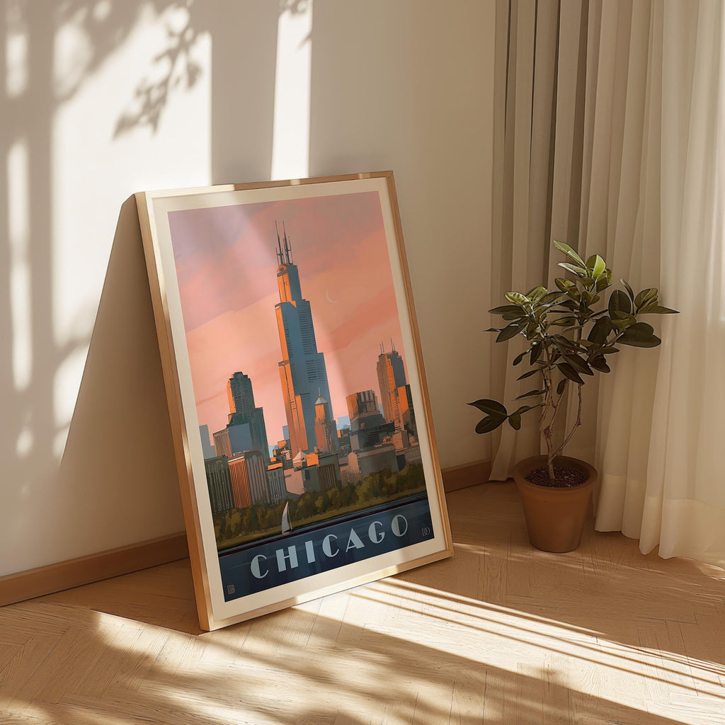 Chicago Vintage Travel Poster, Premium Giclee Fine Prints - Modern Aesthetic Wall Decoration, Eclectic Trendy Boho