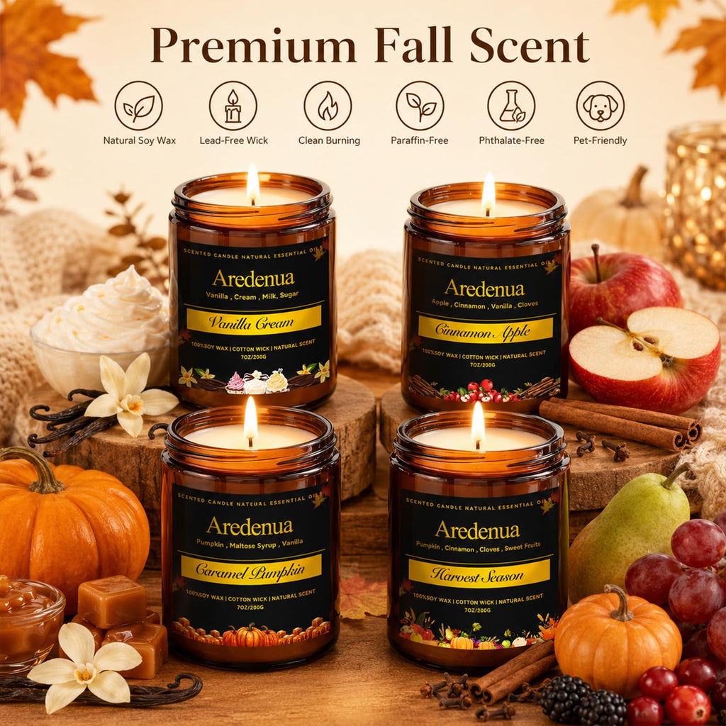 Fall Candles Set, 4 Pack, Cozy Autumn Seasonal Soy Candles Gift
