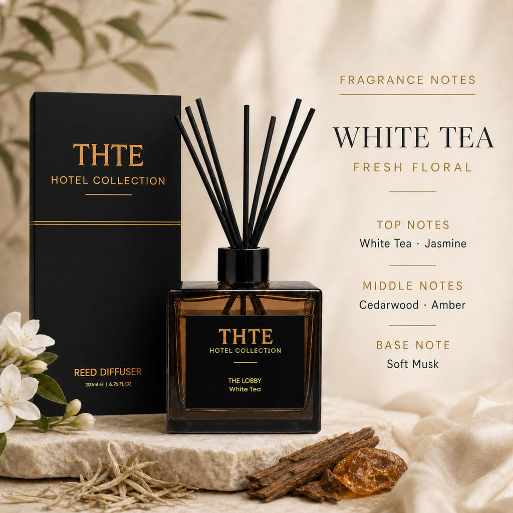 White Tea Reed Diffuser, Airy Clean Hotel-Inspired Scent with Soft Musk, Long-Lasting Home Fragrance with Black