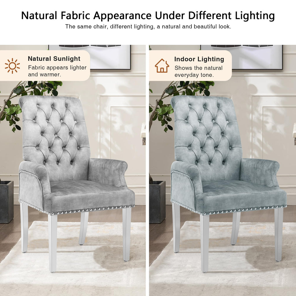 Velvet Dining Chair, Kitchen Arm Chair, Light Grey