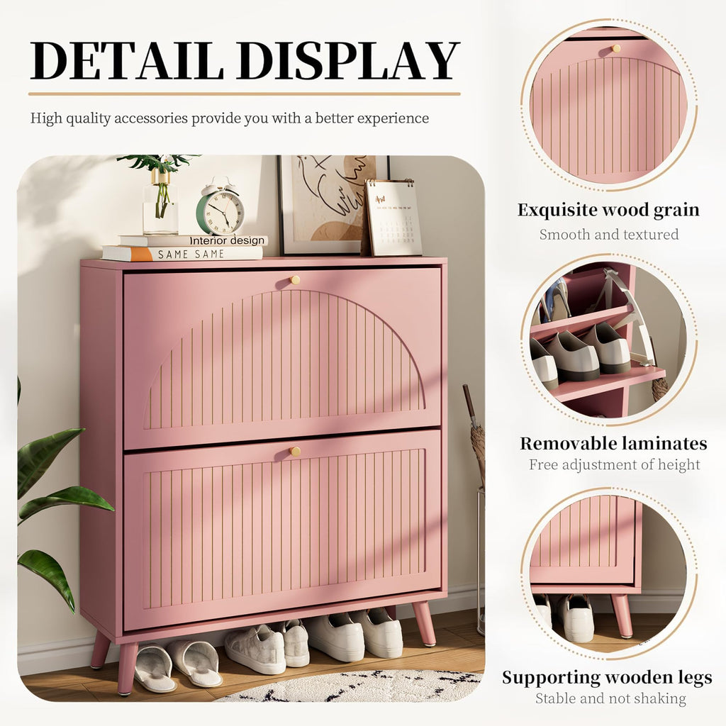 Shoe Storage Cabinet with 2 Fluted Flip Drawers, Pink