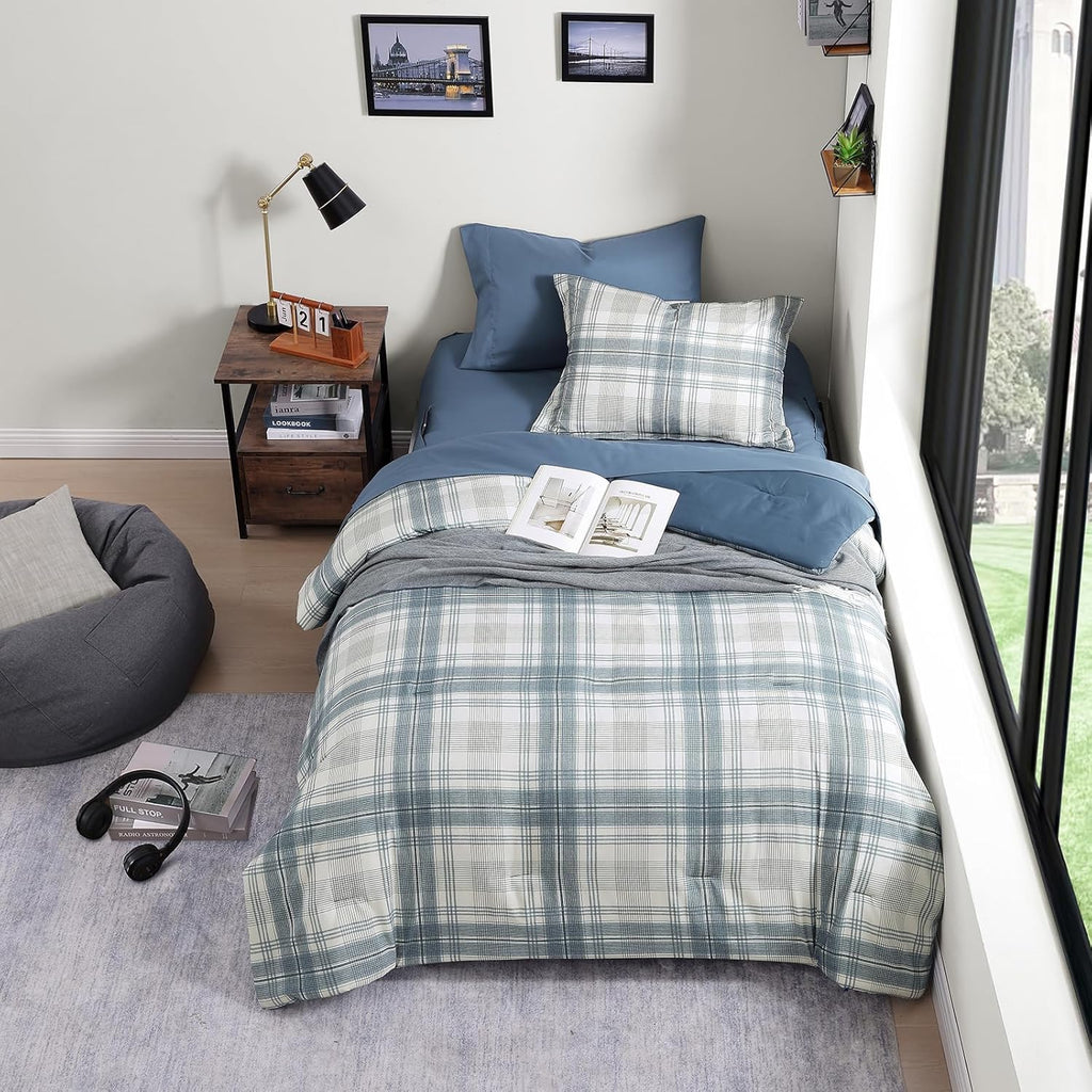 Twin XL Comforter Set, Blue Grey Plaid Bedding Set 5 Piece for Boys Girls Teen, Classic Homestead-Style Kids