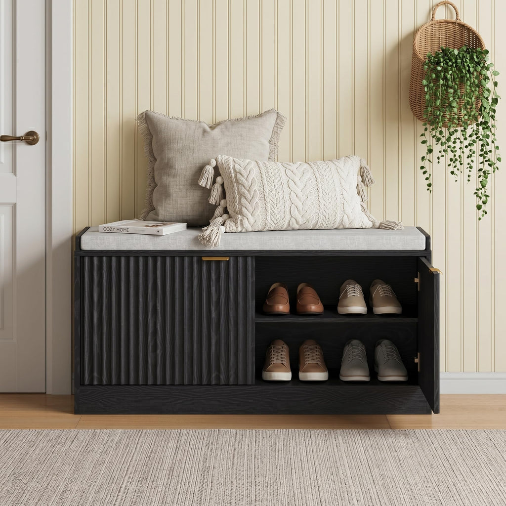 Fluted Shoe Storage Bench with Cushioned Seat and Sliding Doors, Black丨Modern Entryway Cabinet with Gold Handles