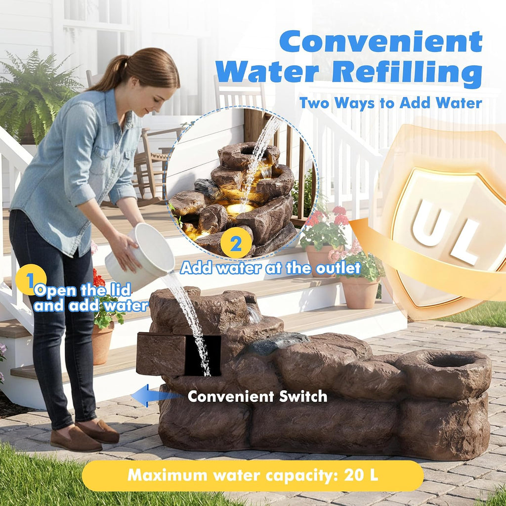 37.4" L Water Fountain Outdoor, 5-Tier Rock Cascading Water Feature | Garden Pool Fountains and Waterfalls with Warm