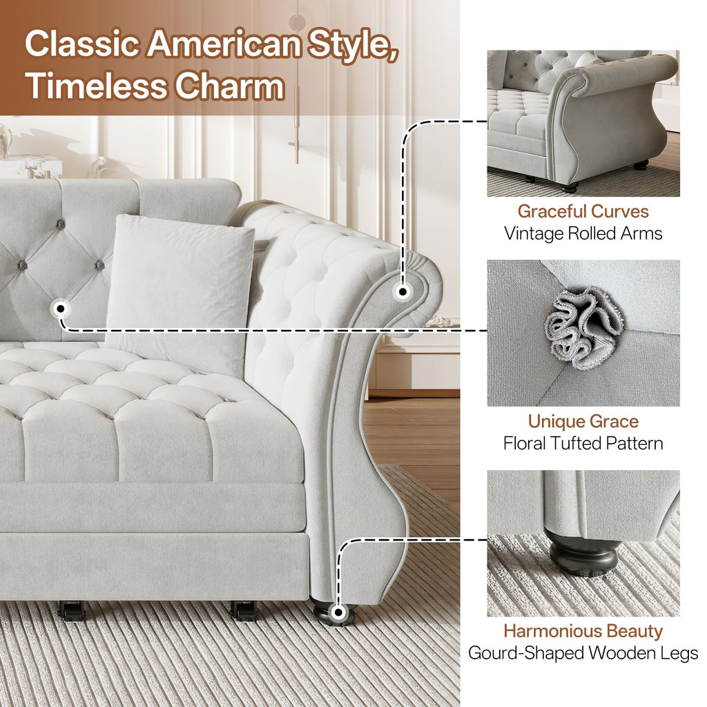Sleeper Sofa Bed 97.6", Velvet Pull Out Couch, Chesterfield Sofa, Gray