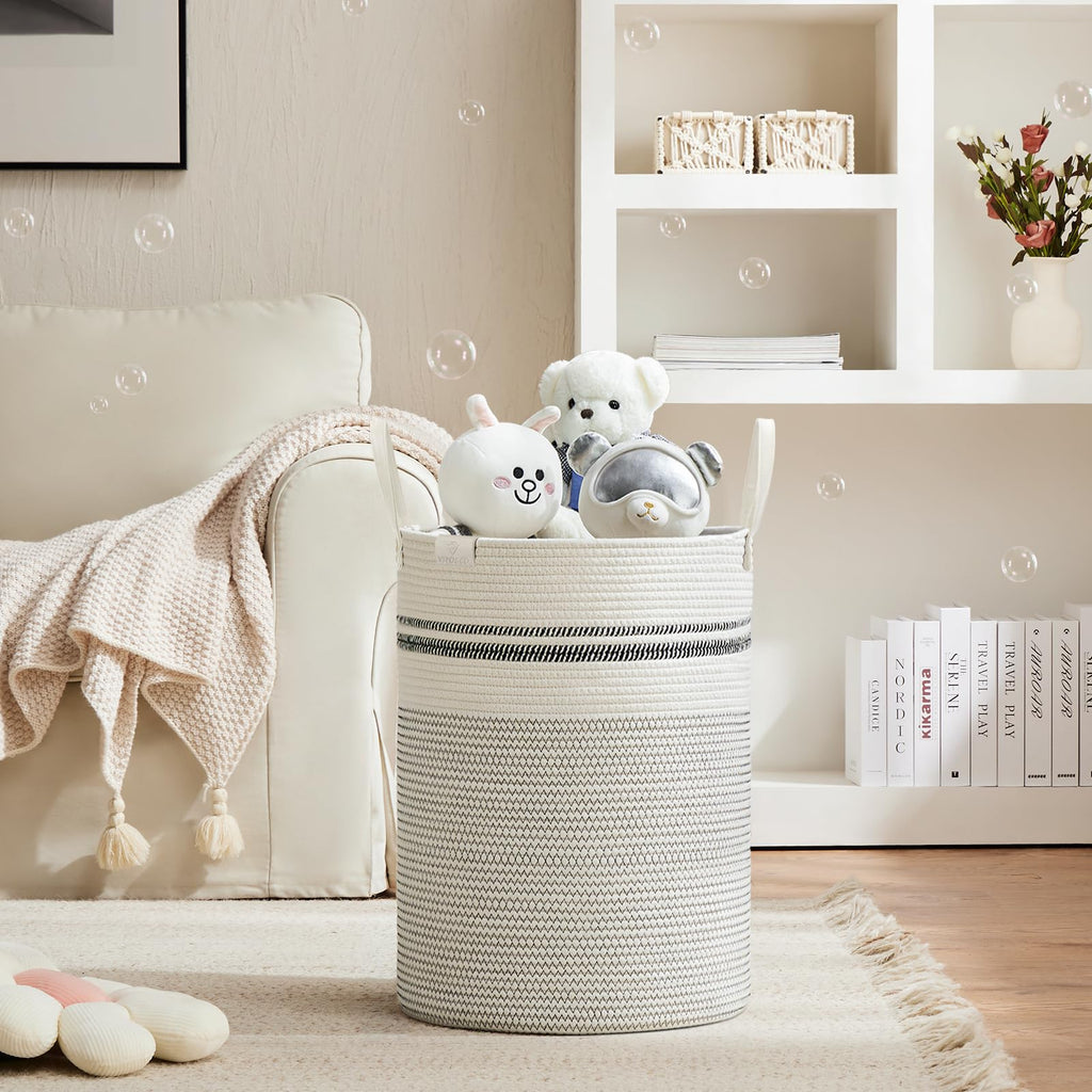 72L Tall Woven Rope Laundry Hamper, Leather Handles, Stripe White